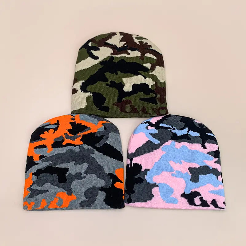 European Camouflage Knitted Hats Color Block Autumn and Winter New Warm Hip Hop Versatile Street Fashion Outdoor Retro Beanies