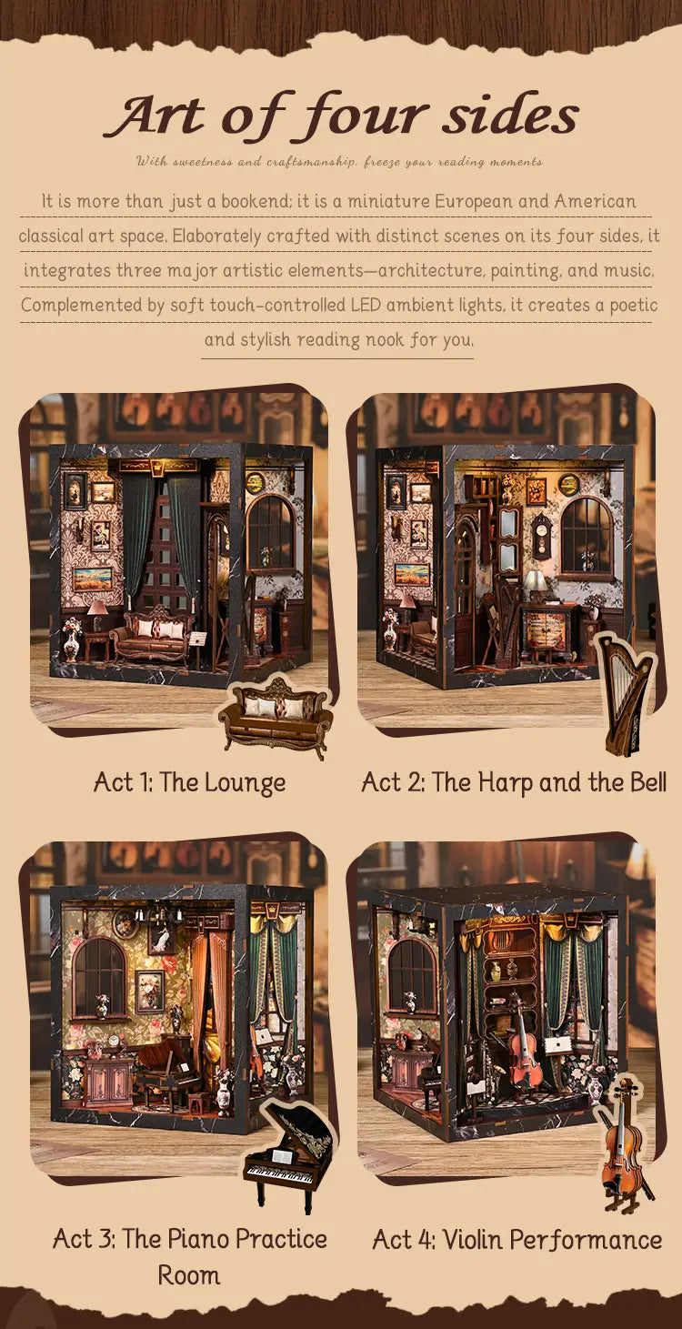 European Melody Musical Instrument Box DIY Miniature House 3D Puzzle Bookend Model Wooden Bookend. Creative Gift
