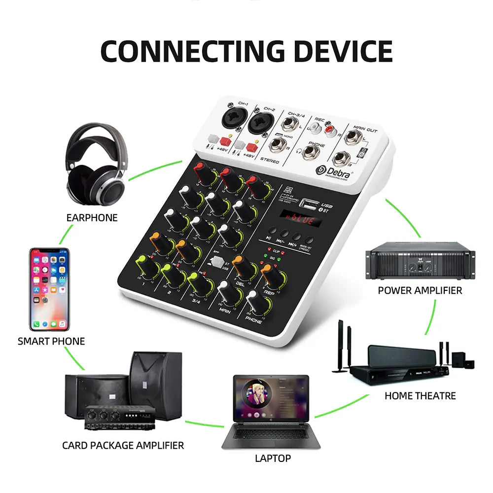 4/8 Channel Audio Mixer DJ Controller Sound Mixing Console With Bluetooth Phantom Power Delay Repaeat Effect For PC Recording