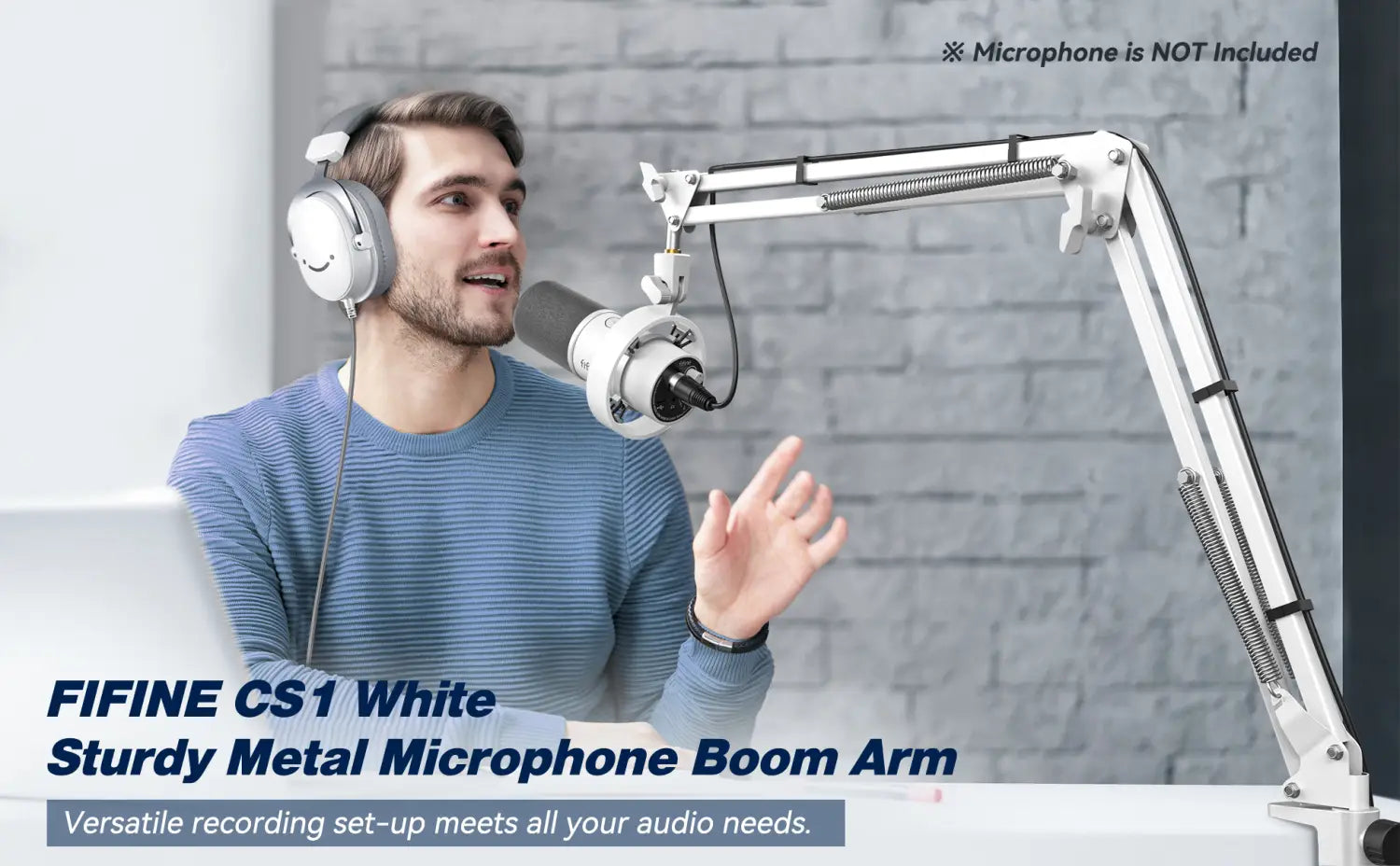 AmpliGame by FIFINE Metal Microphone Stand – Sturdy,Universal Mount Compatible for Studio Streaming & Podcast Setup-CS1W White