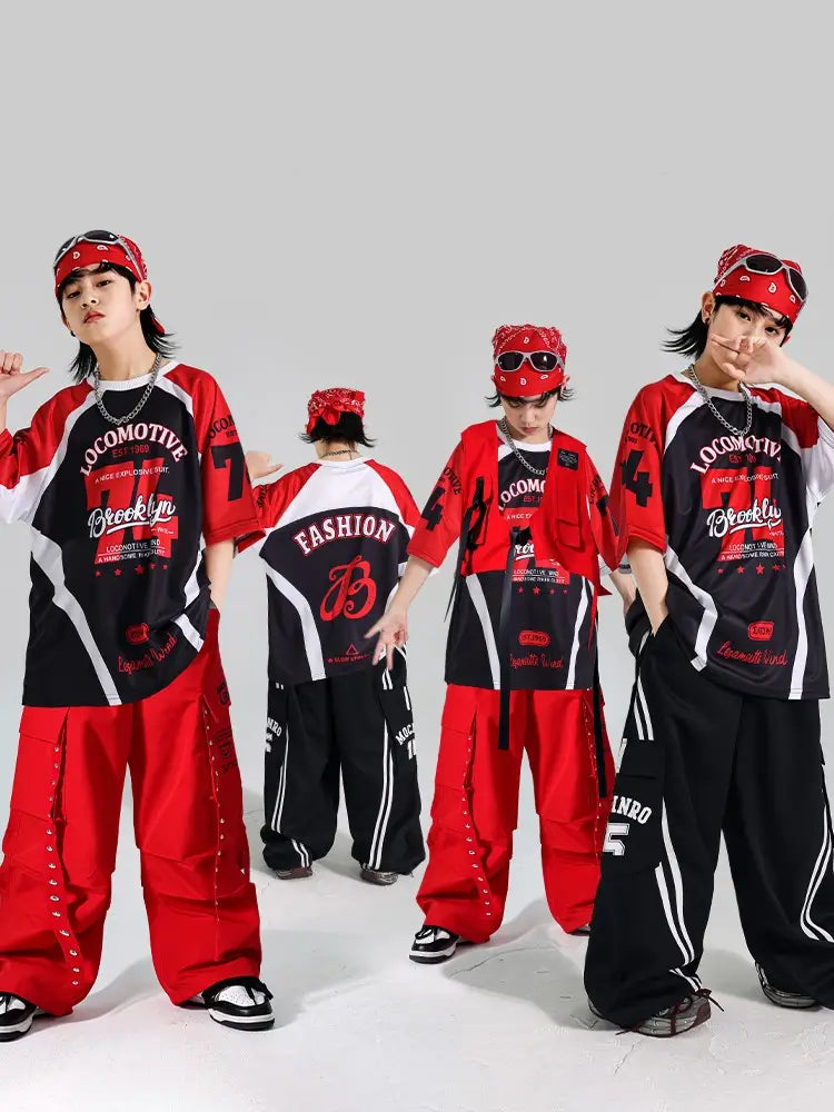 Hip Hop Boys Contrast T-shirt Red Vest Cargo Pants Girls K-pop Street Dance Clothes Sets Kids Jazz Costumes Children Streetwear