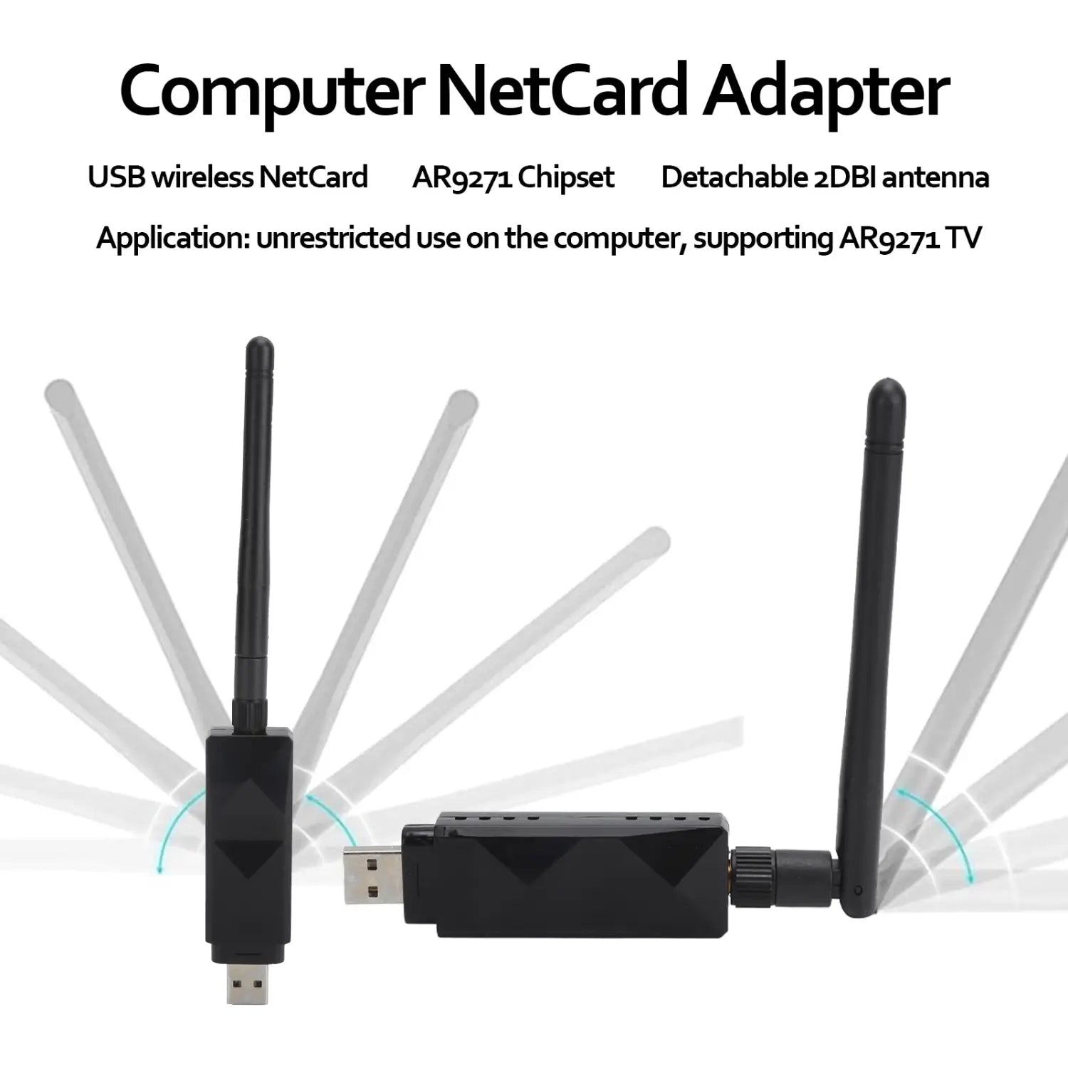 Universal AR9271 Wireless USB WiFi Adapter with Detachable 2DBI High Gain Antenna for PC Laptop TV Streaming Plug Play Stable