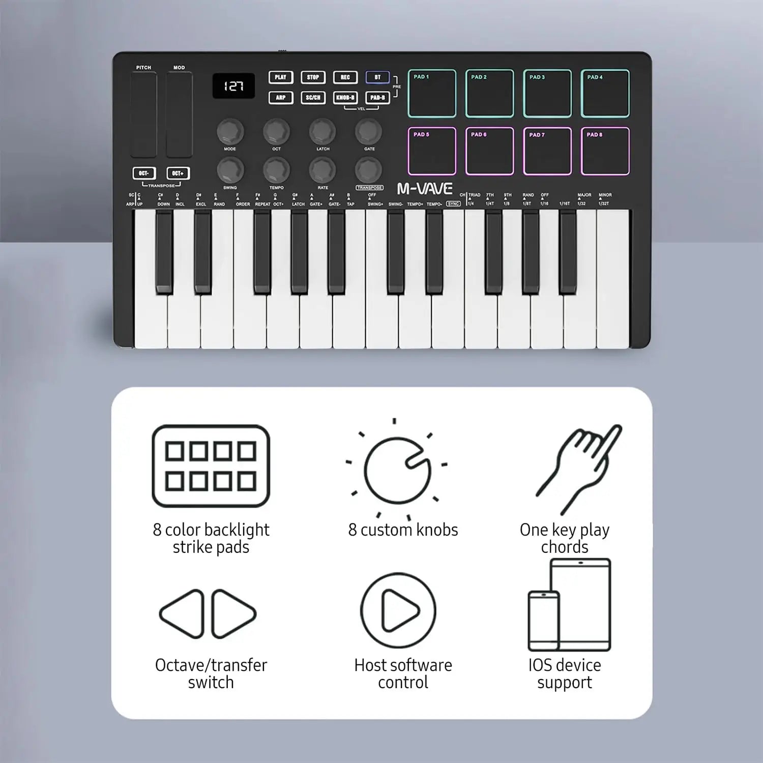 M-VAVE SMK-25 MIDI Keyboard Controller With 25 Velocity Sensitive Keys 8 Backlit Drum Pads Wireless Piano Keyboard