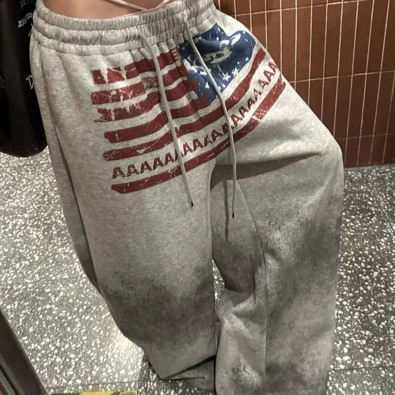 Women Retro American High Street Gothic Print Drawstring Wide Leg Sweatpants for Cotton Hip-hop Loose Versatile Sports Trousers