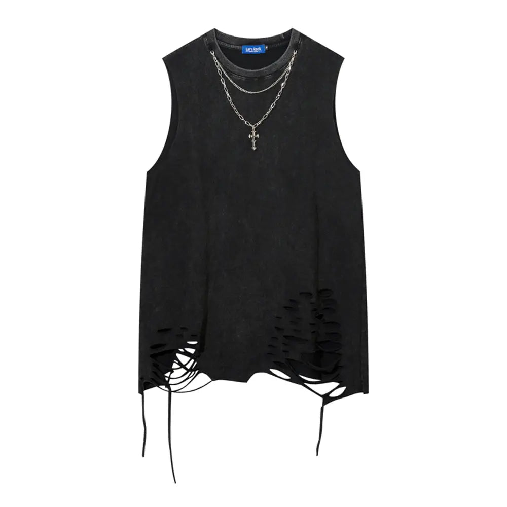 Hip Hop Tank Tops Men’s Vintage Washed Sleeveless T-Shirt Hole Harajuku Dancing Breathable Tops with Necklace Streetwear