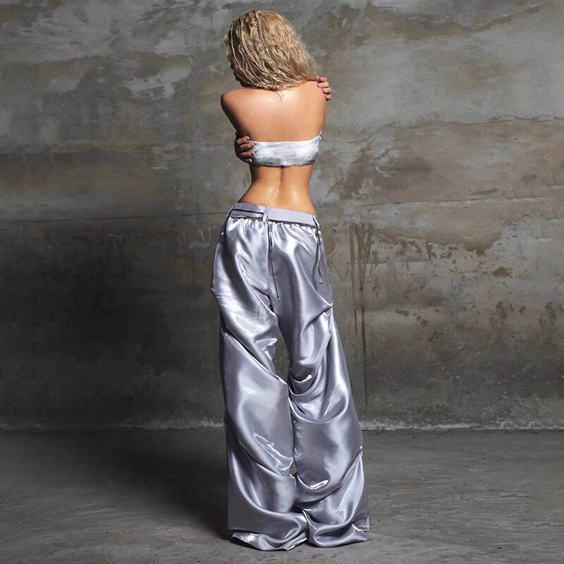 Hip Hop Women High Waist Wide Leg Pants Street Silver Dark Style Satin Pleated Casual Loose Slimming Dance Pants