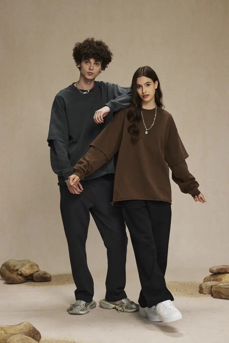 2024 Hip Hop Retro Fake Two Piece Rough Edge Round Neck Long Sleeve T-shirt for Men Washing Streetwear Trendy Baggy Tshirts Y2k