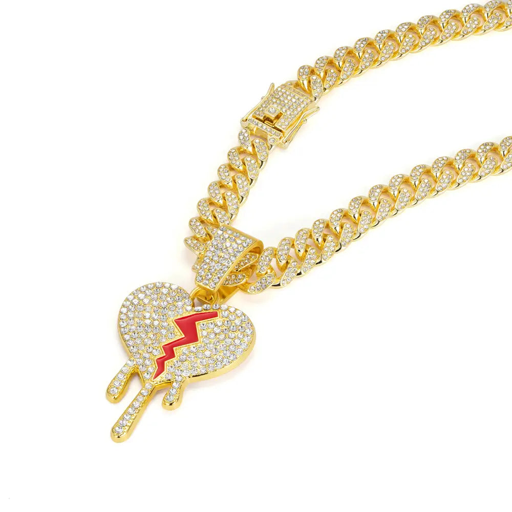 Hip Hop Iced Out Broken Heart Pendants Necklace with Miami Cuban Link Chain Heartbreak Necklaces Men Women Rapper Charm Jewelry