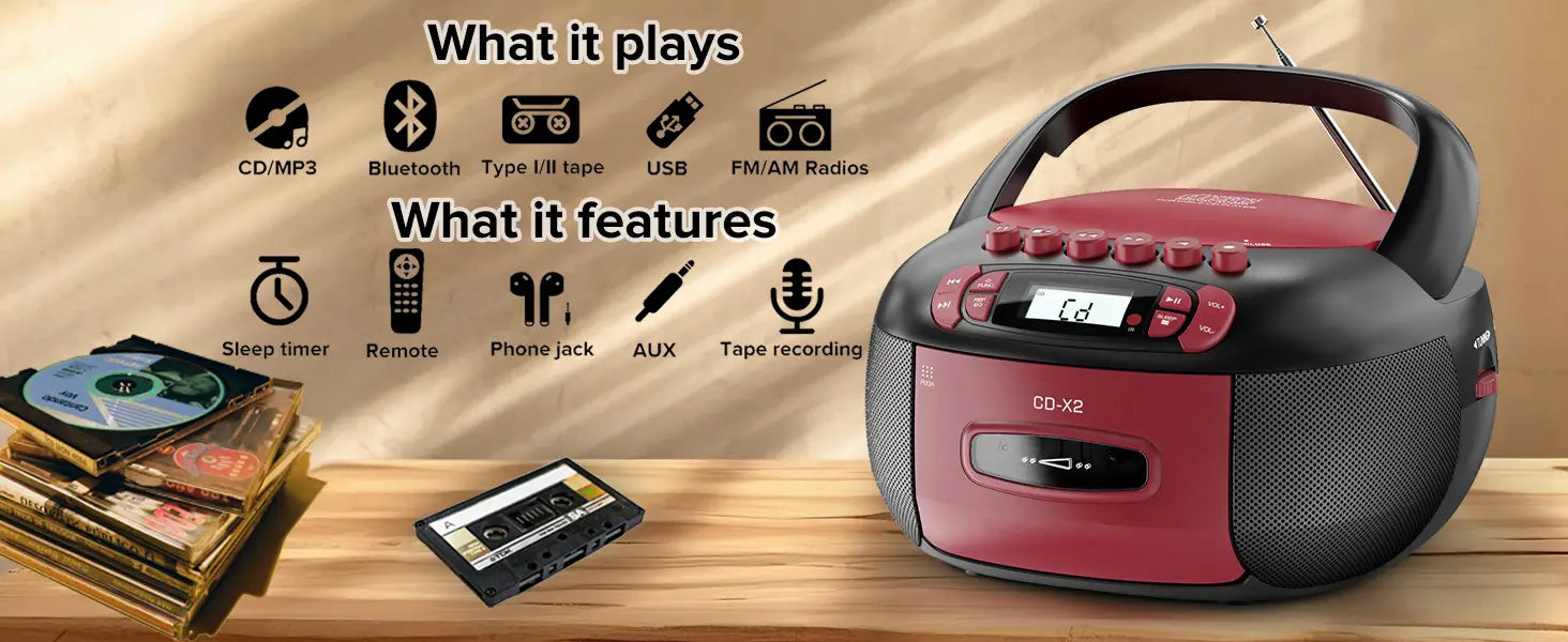 Boombox CD Cassette Player Combo: Stereo Sound AM FM Radio with Bluetooth and Remote - AUX/USB MP3/Tape Recording/Sleep Timer