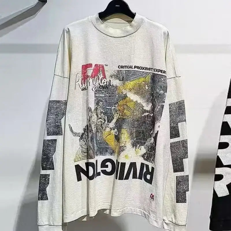 Hip Hop Letters Logo Graphics Print RRR123 Long Sleeve T Shirt Men Women Top Quality Cotton Oversized Vintage Black T-Shirt