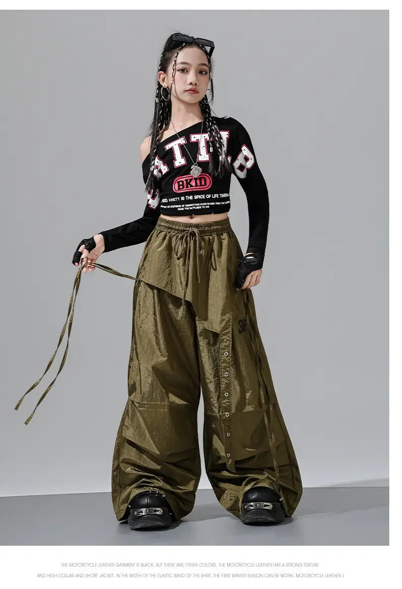 Hip Hop Girls Off Shoulders Crop Top Cargo Pants Kids K-pop Street Dance Clothes Set Children Girl Group Streetwear Teen Costume