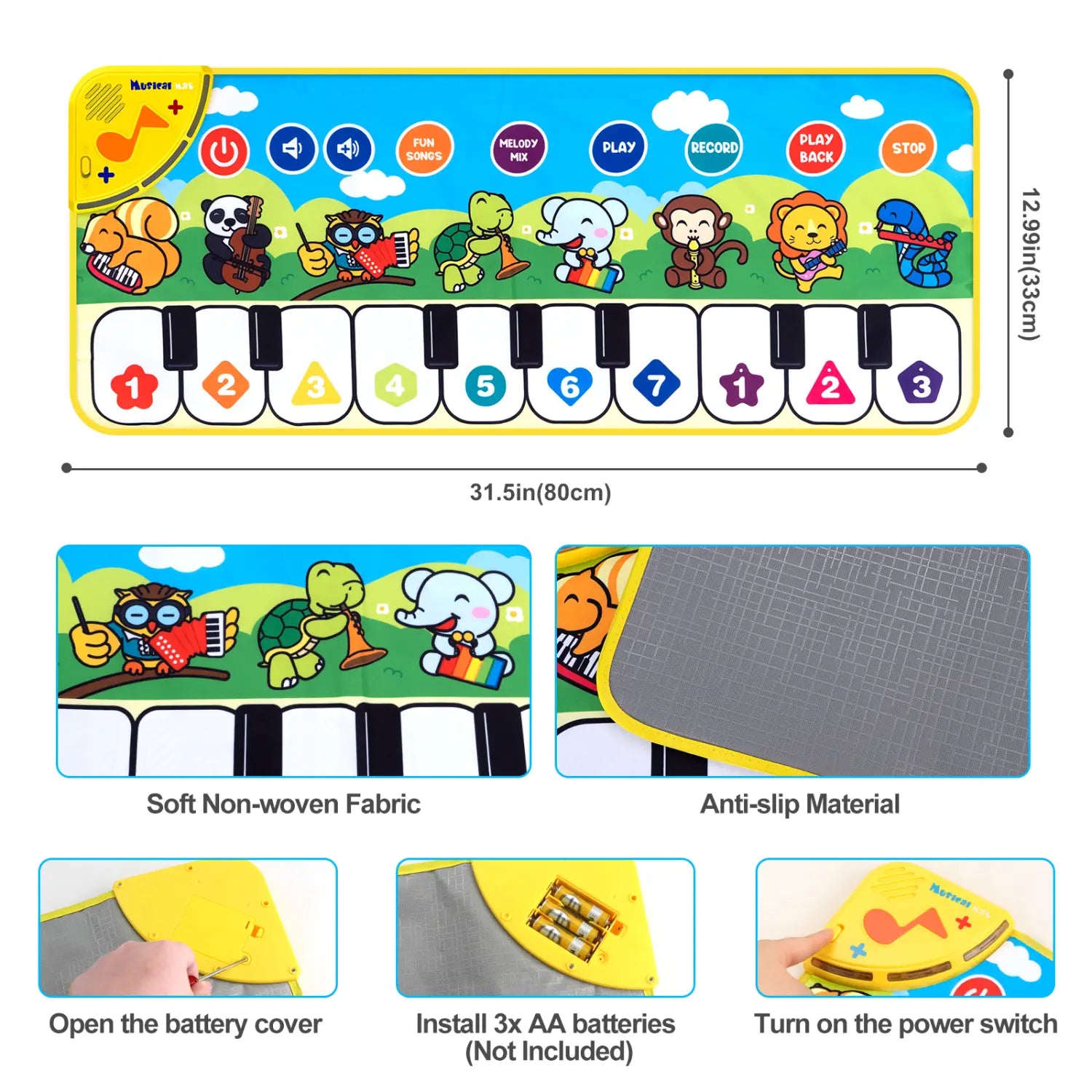 80x30cm Kids Music Piano Mat keyboard Dance Mat Toddler Floor Baby with 8 Animals Sounds Baby Mat Educational Toys for Kid Gifts