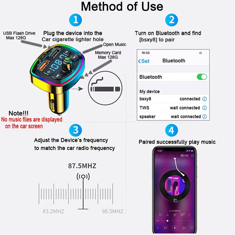 Car Charger FM Transmitter Bluetooth5.0 Hands Free FastCharging True 3.1A Dual USB Port PD MP3 Music TF Card U disk AUX Player