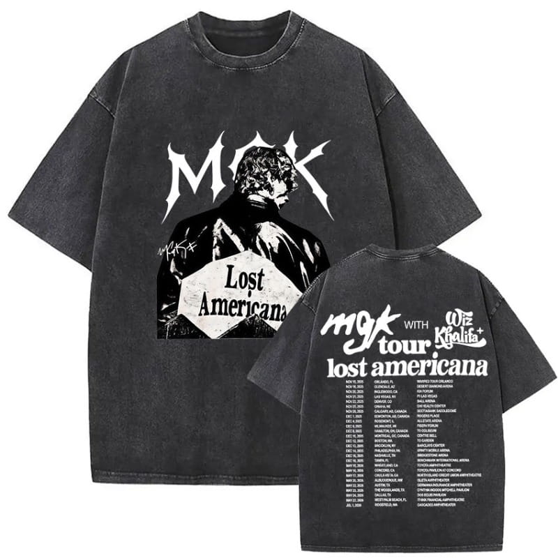 Rapper MGK Lost Americana Tour 2026 T-shirts Machine Gun Kelly Vintage Washed Graphic T Shirt Man’s Hip Hop Short Sleeve T-shirt