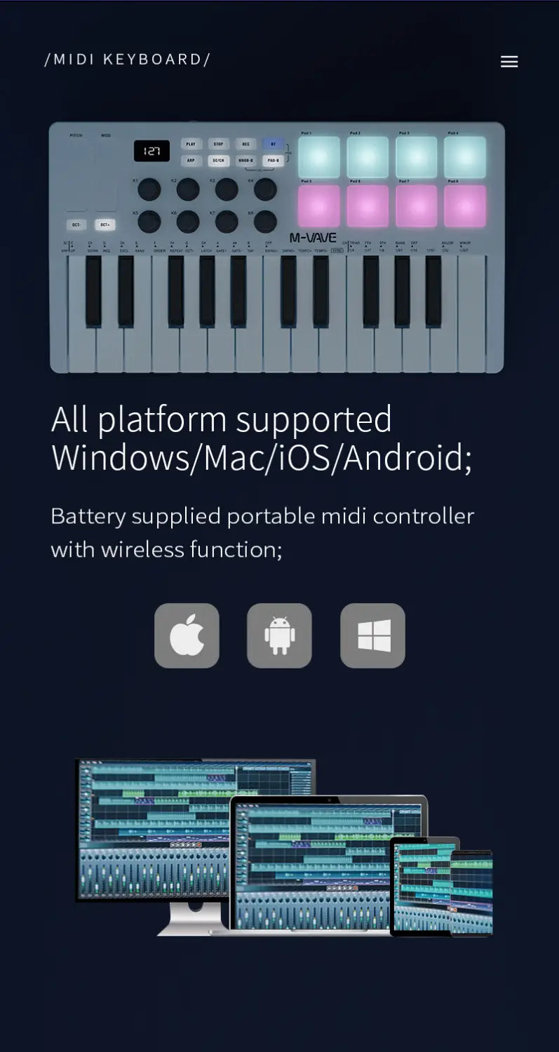 M-vave SMK-25 Mini 25 Keys Wireless / USB MIDI Keyboard Controller With 8 Backlit Drum Pads 8 Knobs and 2 Touch Stripes