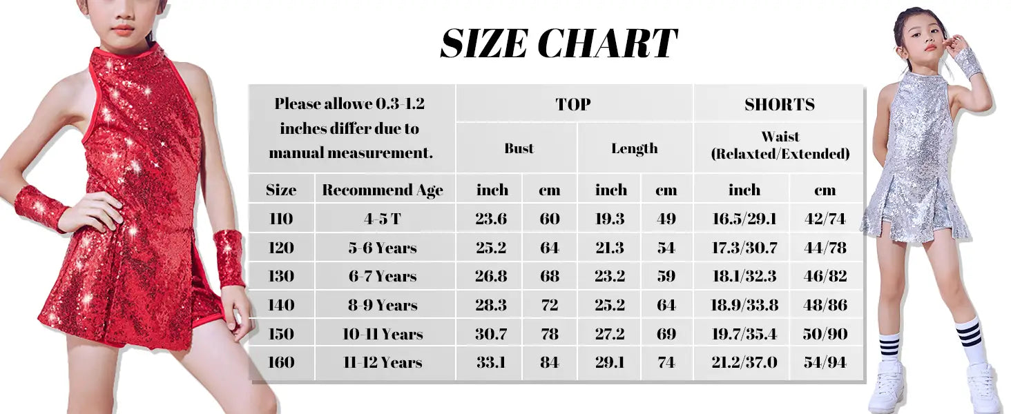 LOlanta Girls Sequins Dance Clothes Dress 4-12 Years Sparkle Hip Hop Jazz Dance Outfit Sleeveless Top and Shorts