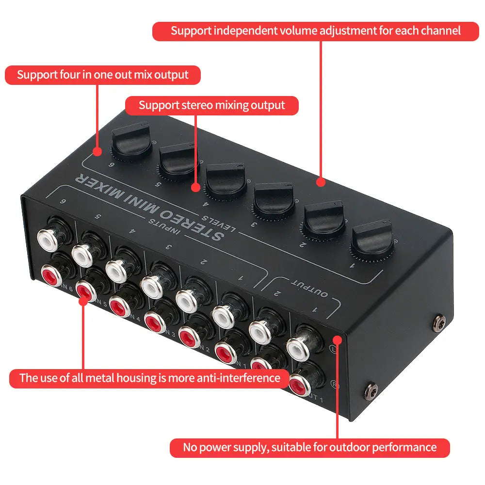4 6 Channels Stereo Passive Mixer Audio Mixer Portable Sound Mixer RCA Input Ultra Low Noise for Live Studio CD Players