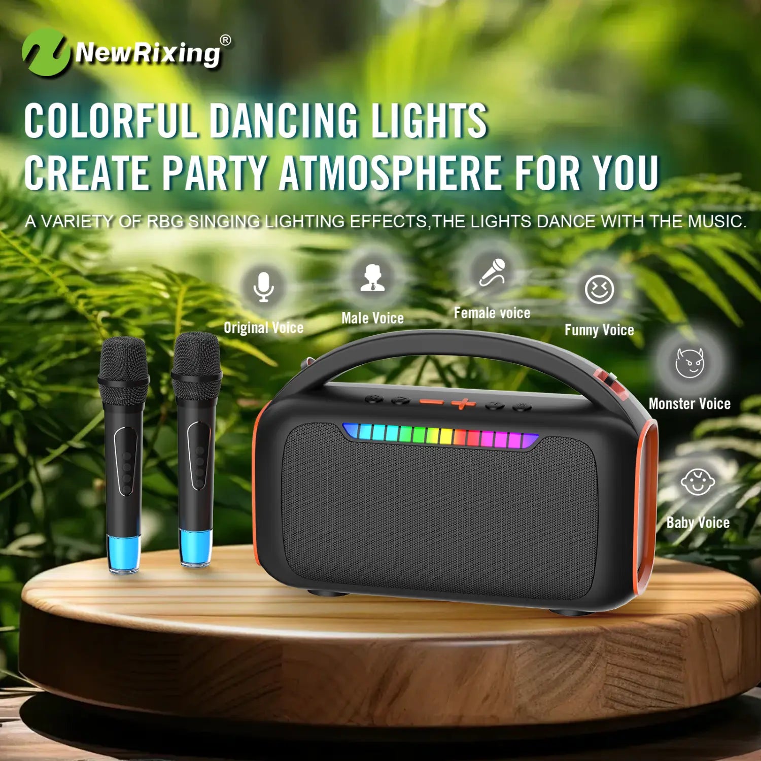Karaoke machine with 2 mics,portable karaoke system,RBG light,30W,automatic connection when turned on,For BT5.3/USB/TF/AUX