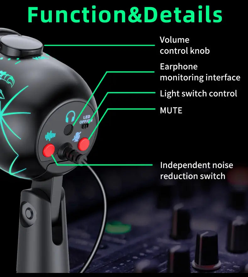 Gaming Microphone USB Microphone for PC Condenser Podcast Mic for Studio Recording with Headphone Jack Led Noise Cancellation