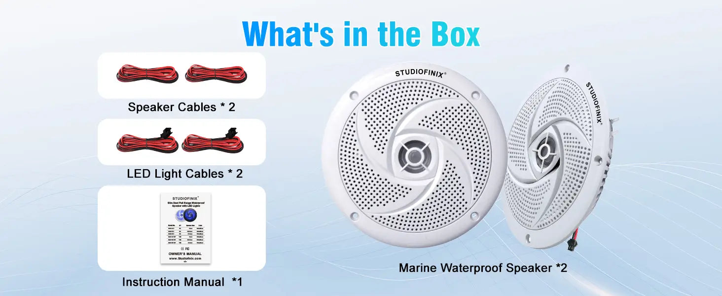 STUDIOFINIX 6.5’’ 240W Waterproof Marine Speakers 2-Way with LEDs Low-Profile for Boat RV ATV UTV Golf Cart (2Pk White)