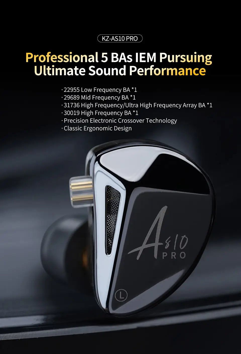 KZ AS10 PRO In Ear Earphones DJ Gaming Music 5BA Headsets Silver-Plated Oxygen-Free Copper IEM Cable