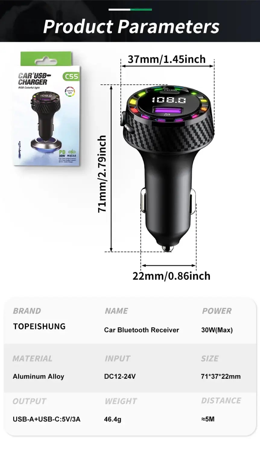Car Bluetooth 5.3 FM Transmitter Wireless Audio Receiver Car MP3 Player 30W PD Fast Charge With Apple Type-C Port Charging Cable