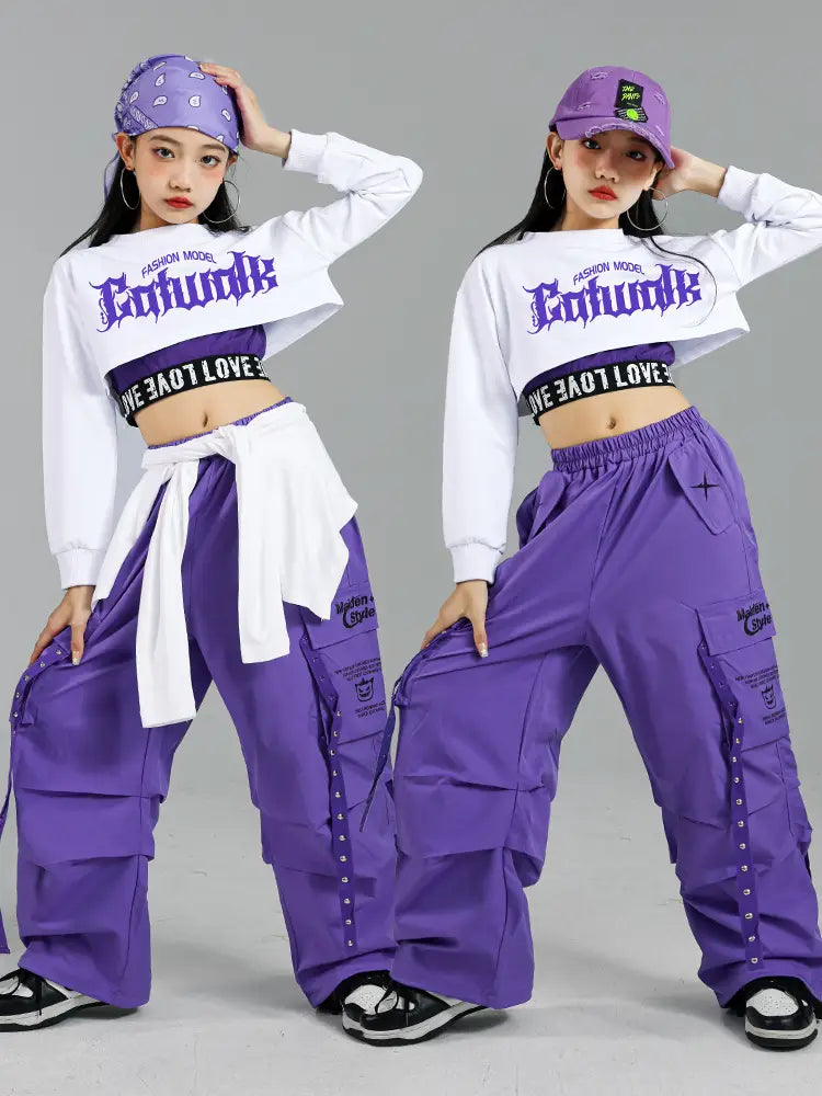 Hip Hop Girls Fashion K-pop Crop Top Purple Cargo Pants Children Street Dance Outfits Kids Streetwear Group Jazz Clothes Sets