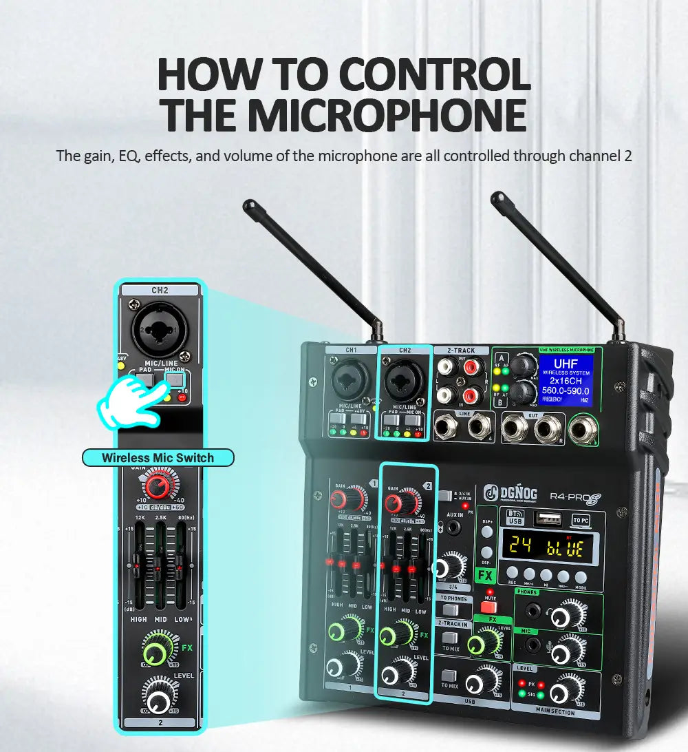 4 Channel Karaoke Audio Mixer with Dual UHF Wireless Microphone USB Bluetooth DJ Mixer for Party Computer Studio Recording DGNOG