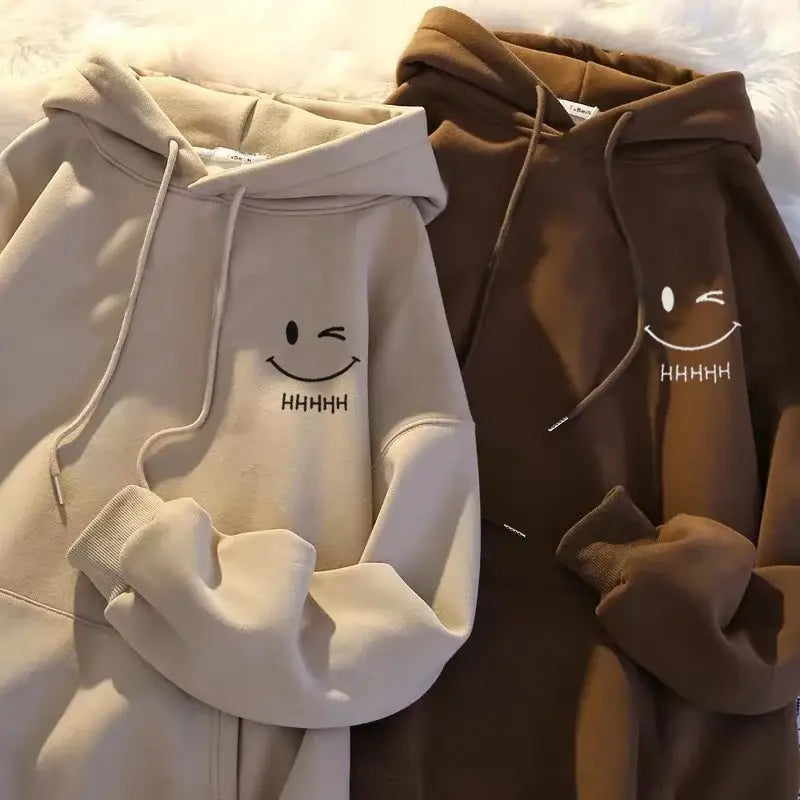 Men’s Smiling Face Funny Fashion Couple Hooded Sweater American Heavyweight Loose Thickened Cashmere Boys’ Hoodie Pullover Top