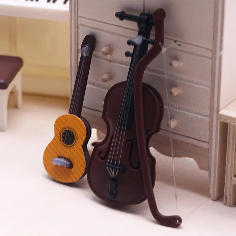 1Pc Dollhouse Mini Christmas Wood Grain Violin Instrument Simulation Popular Guitar Miniature Home Scene Model Decor Accessories
