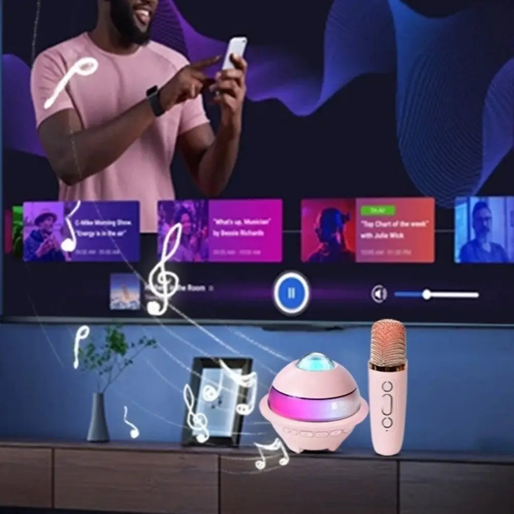 Karaoke Machine Mini Bluetooth Speaker with Projector Night Light Subwoofer Wireless Dual Microphones Stereo Surround Singing
