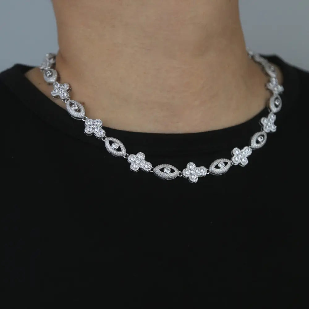 2025 New Eye Cross Necklace Iced Out Bling Silver Color Cubic Zirconia Charm Tennis Chain for Men Women Hip Hop Jewelry