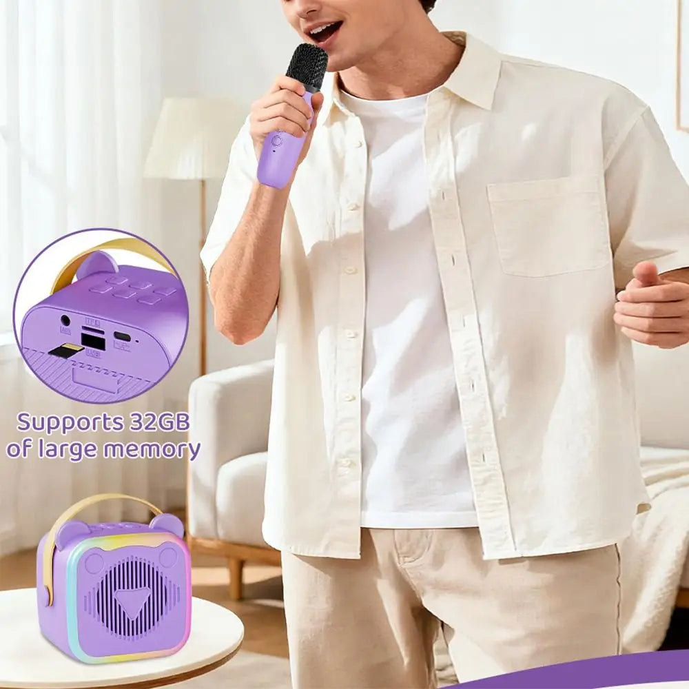 Portable Mini Karaoke Machine 3.5mm Earphone HIFI Surround Mini Home Karaoke Speaker Wireless Microphones RGB Lights