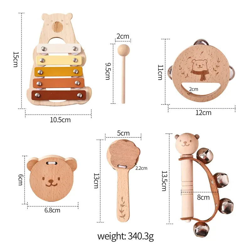 Baby Musical Toys Wooden Bear Rattle Bell Drum Xylophone Percussion Early Educational Instrument Playthings for Toddlers Kids