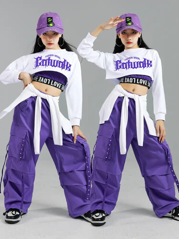 Hip Hop Girls Fashion K-pop Crop Top Purple Cargo Pants Children Street Dance Outfits Kids Streetwear Group Jazz Clothes Sets