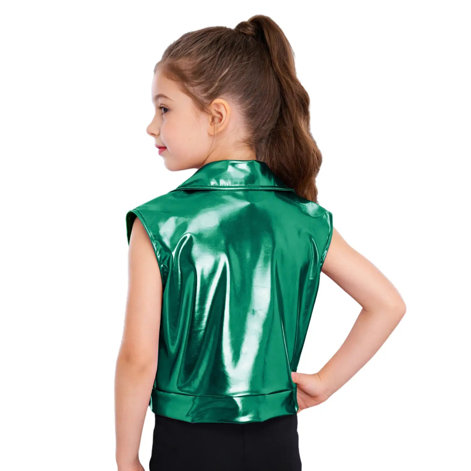 Kids Boys Girls Hip Hop Jazz Dance Performance Costume Turn-Down Collar Vest Zipper Metallic Jacket Tops Sleeveless Outerwear