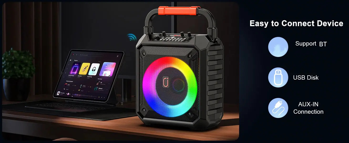 Karaoke Machine with 2 Wireless Microphones Portable Speaker with LED Lights for Kids and Adults Supports Bluetooth/USB/TF/AUX