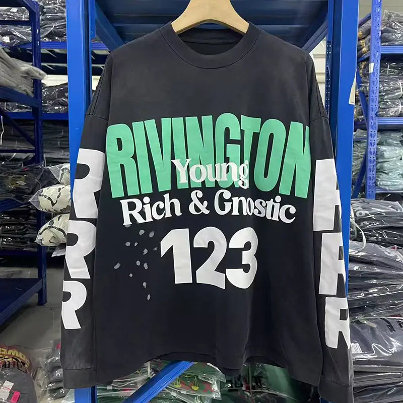 Hip Hop Letters Logo Graphics Print RRR123 Long Sleeve T Shirt Men Women Top Quality Cotton Oversized Vintage Black T-Shirt