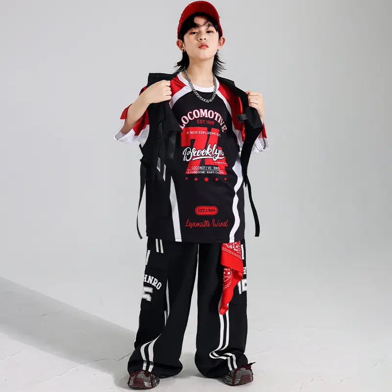 Hip Hop Boys Contrast T-shirt Red Vest Cargo Pants Girls K-pop Street Dance Clothes Sets Kids Jazz Costumes Children Streetwear