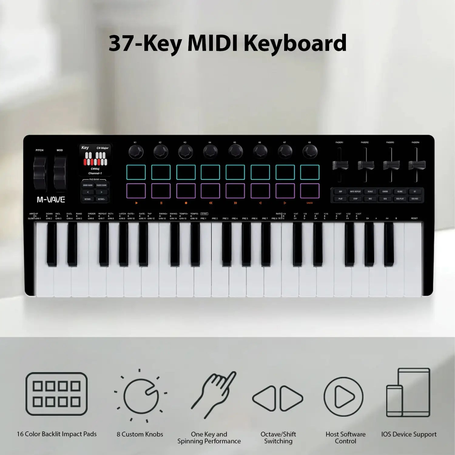 M-VAVE 37 Key MIDI Keyboard Controller with 16 RGB Pads 8 Knobs 4 Faders Synthesizer Engine BT Wireless for Music Production DAW
