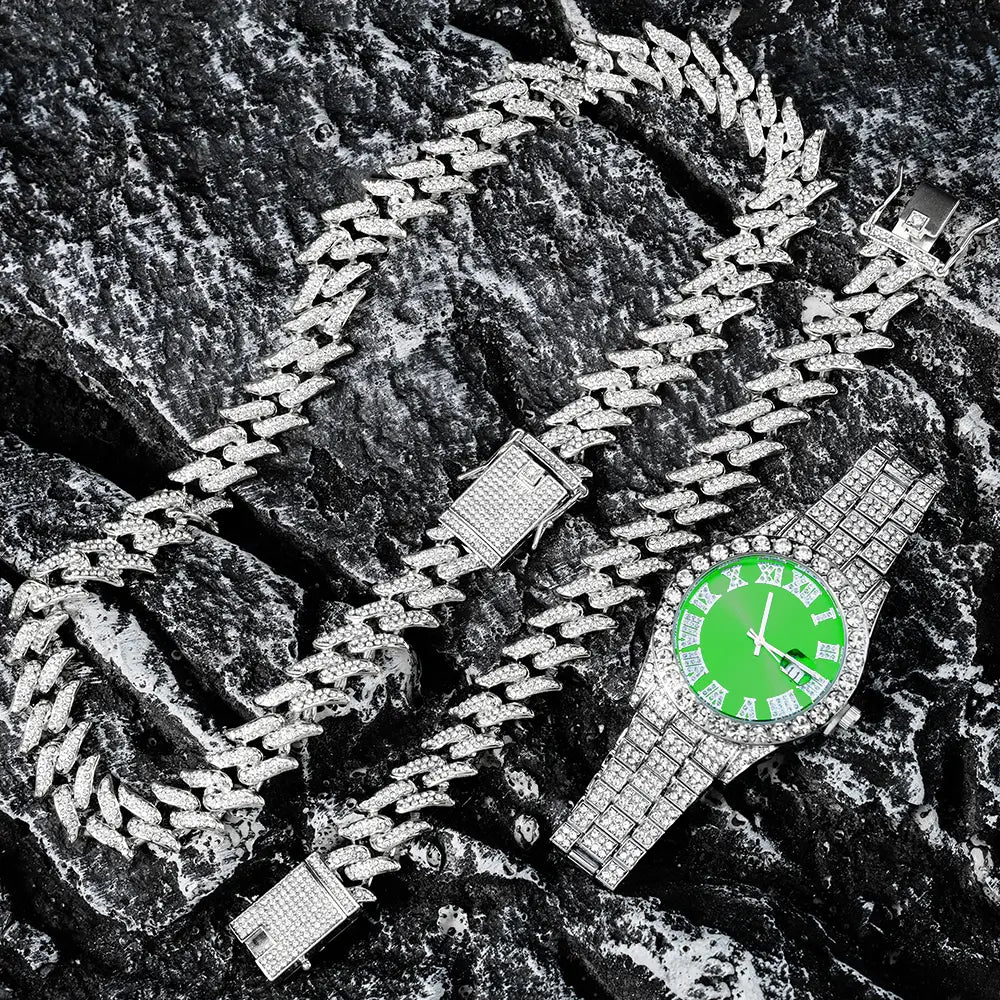 Hip Hop 3pcs Cuban Chain Watch for Men Miami Curb Iced Out Paved Rhinestones Rapper Cuban Necklace Suit Watch Bracelet Jewelry