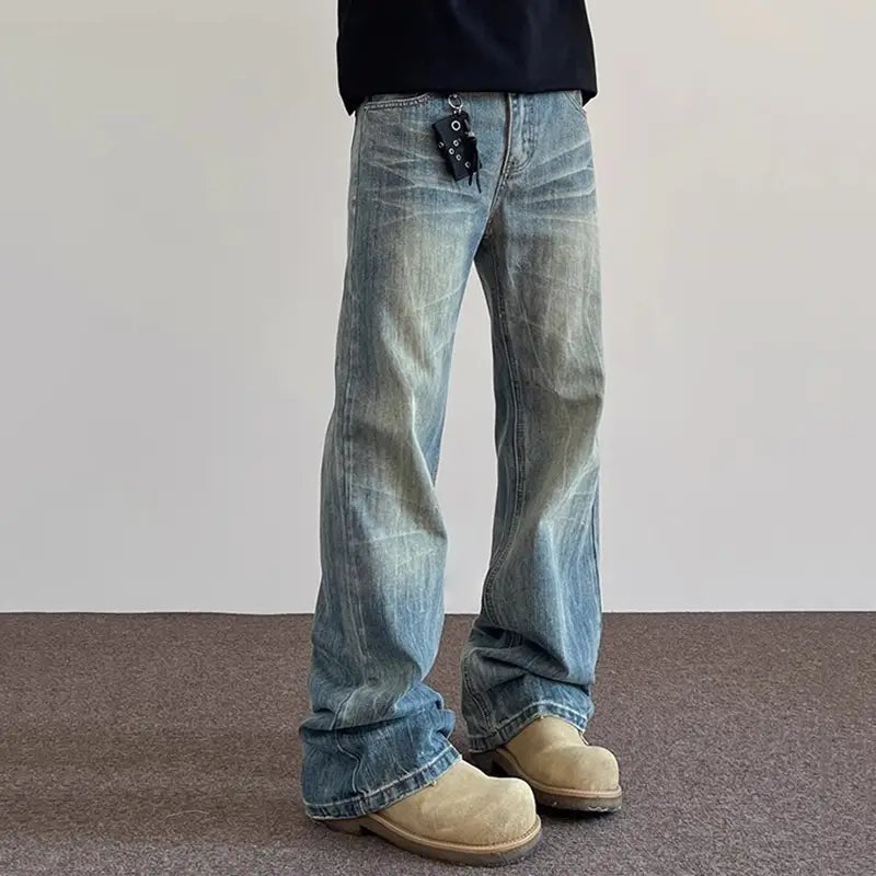 Hiphop Bootcut Jeans Mens Straight Wide-leg Pants New High Street Lightning Ripple Jeans Four Seasons Classic High Quality Pants