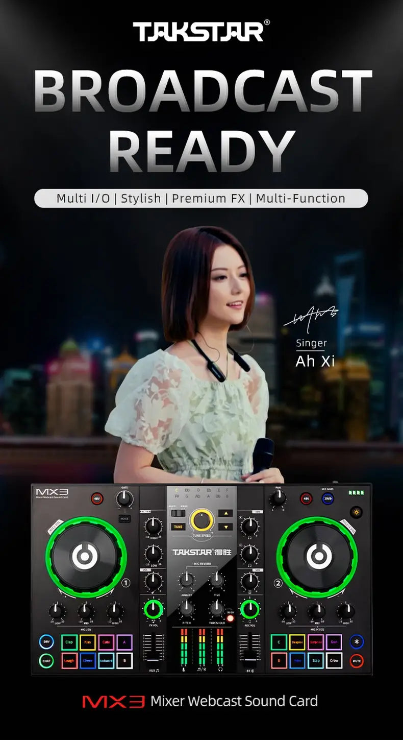 Original Takstar MX3 Mixer Webcast Sound Card Mixing Console Podcast Studio For Karaoke Webcast Recording Live Streaming Guitar