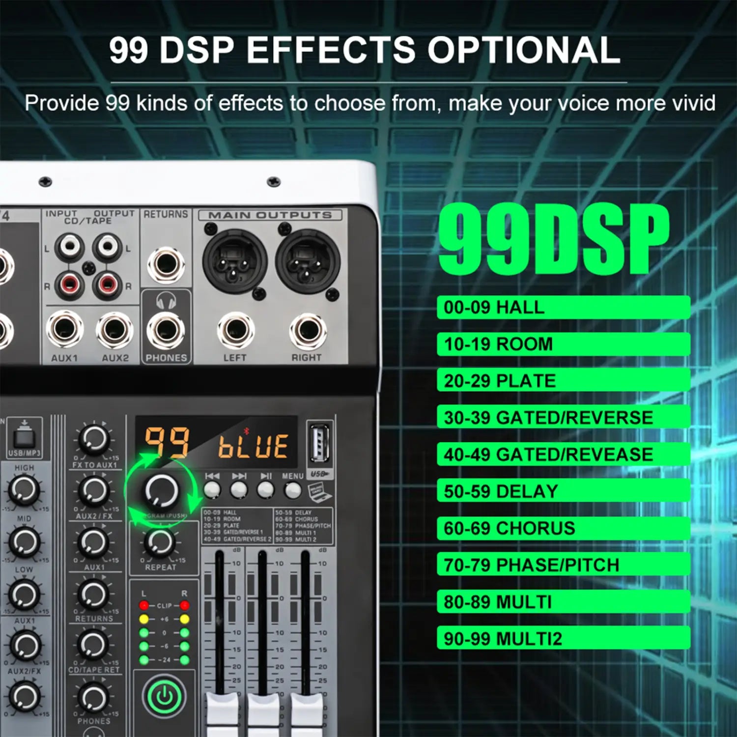 KDES KP4 Audio Mixer 4 Channel 99 DSP Effect Record PC 48V Phantom Power USB Sound Mixers Bluetooth DJ Console Mixing for Karaok