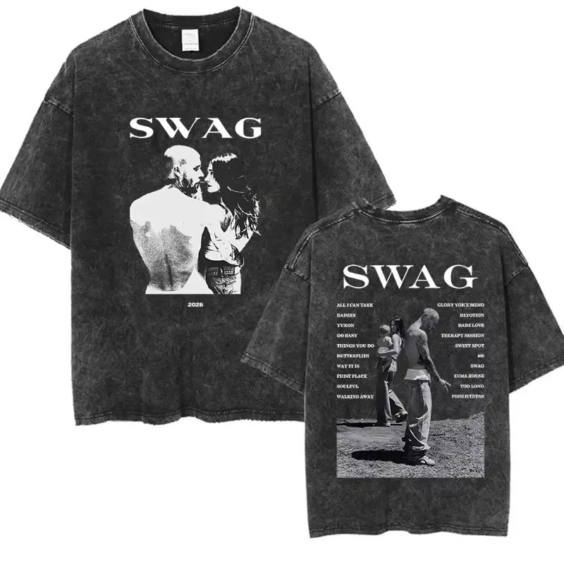 Rapper Justin Bieber SWAG Album 2025 Vintage Washed Graphic T-Shirt Woman’s Hip Hop Loose Fashion Short Sleeve Streetwear