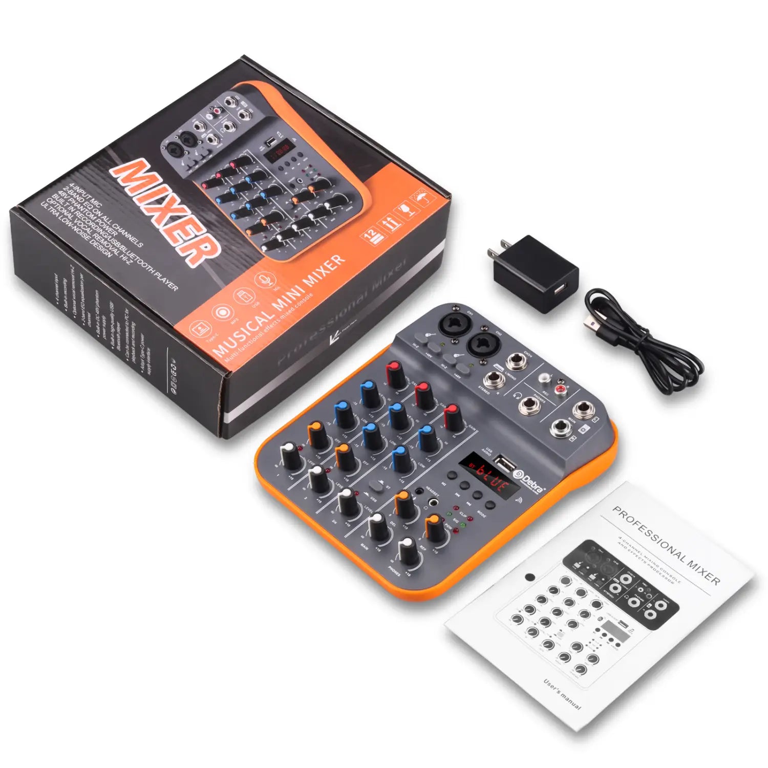 IKGE D4M Mini 4-Channel Audio Mixer DJ Console with Reverb Bluetooth 5.0 USB Sound Card 48V for PC Recording Karaoke