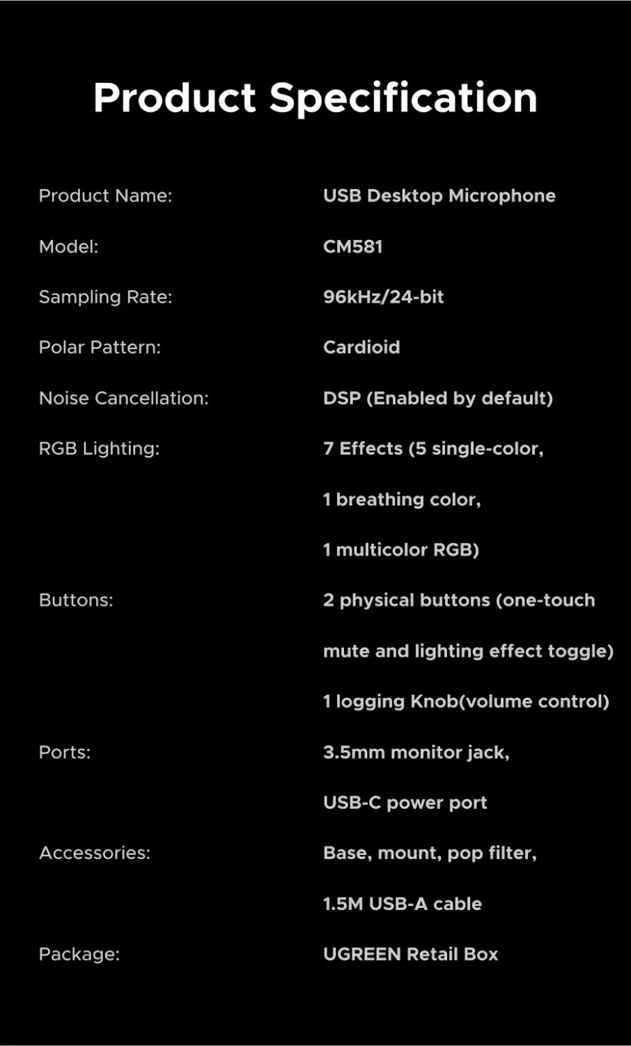 UGREEN USB Microphone with Touch Mute Button and RGB Lighting Suitable for PC Mac Gaming Karaoke Recording Streaming Podcasting