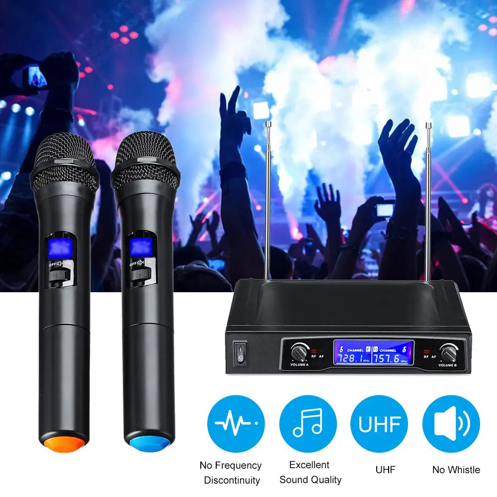 Karaoke Microphones UHF Professional 2 CH Cordless Dual Handheld Microphone Digital LCD Display Mic System Set for Party Wedding