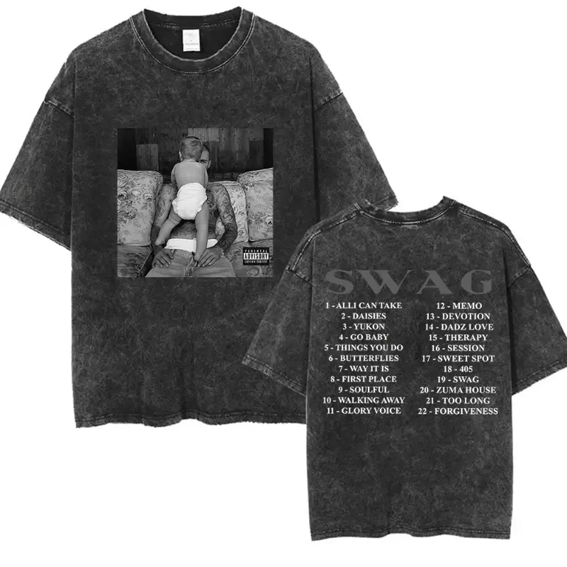 Rapper Justin Bieber SWAG Album 2025 Vintage Washed Graphic T-Shirt Woman’s Hip Hop Loose Fashion Short Sleeve Streetwear