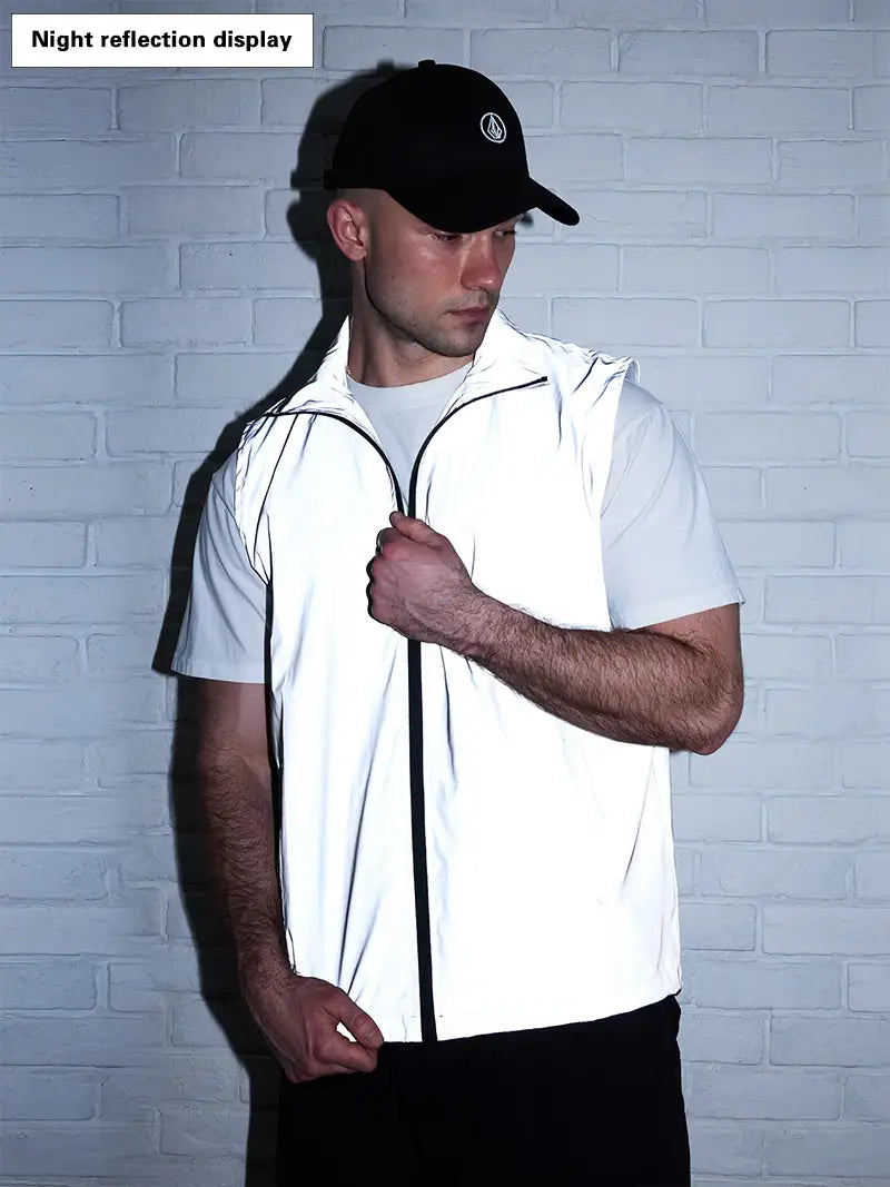 Hip-hop Streetwear Reflective Sleeveless Vest Men’s Spring Summer Lightweight Stand Collar Night Running Dancing Outdoor Jacket